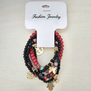 Fashion Jewelry Red and Black Beaded Bracelet Set